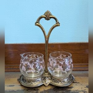 Vintage MCM Libbey Pink Duchess Cram and Sugar with Brass Carrier